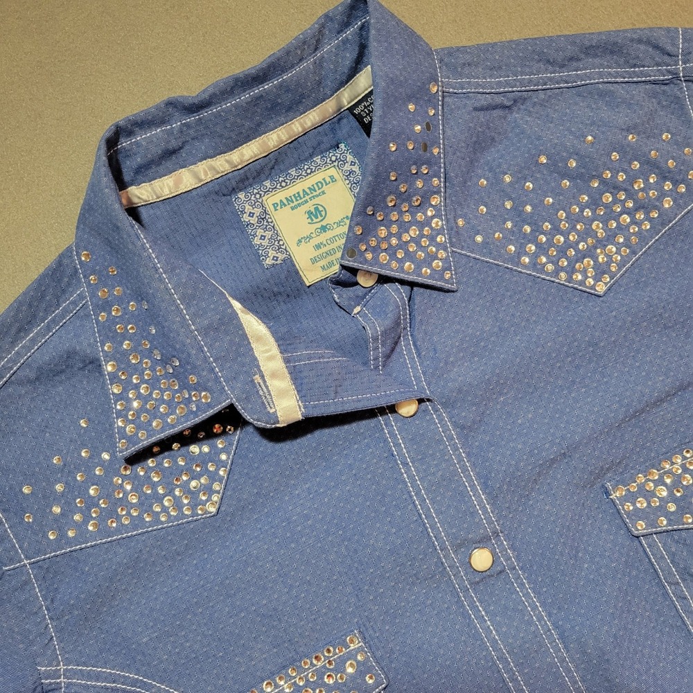 Panhandle Rough Stock Blue Rhinestone Western Snap Shirt Womens Medium